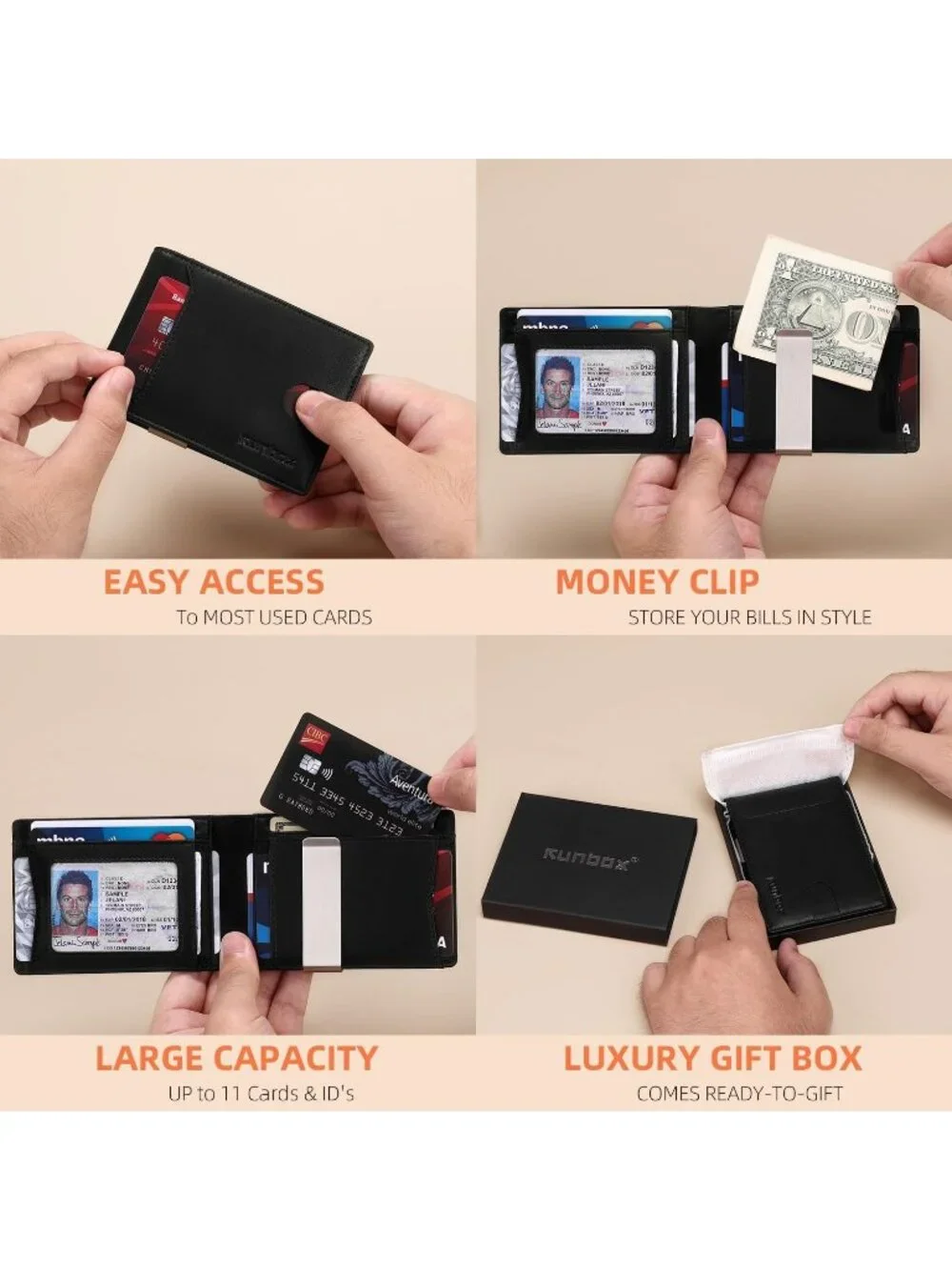 〽️Man Matta Black Leather Money RFID Blocking Pocket Bifold Credit Card Walllet